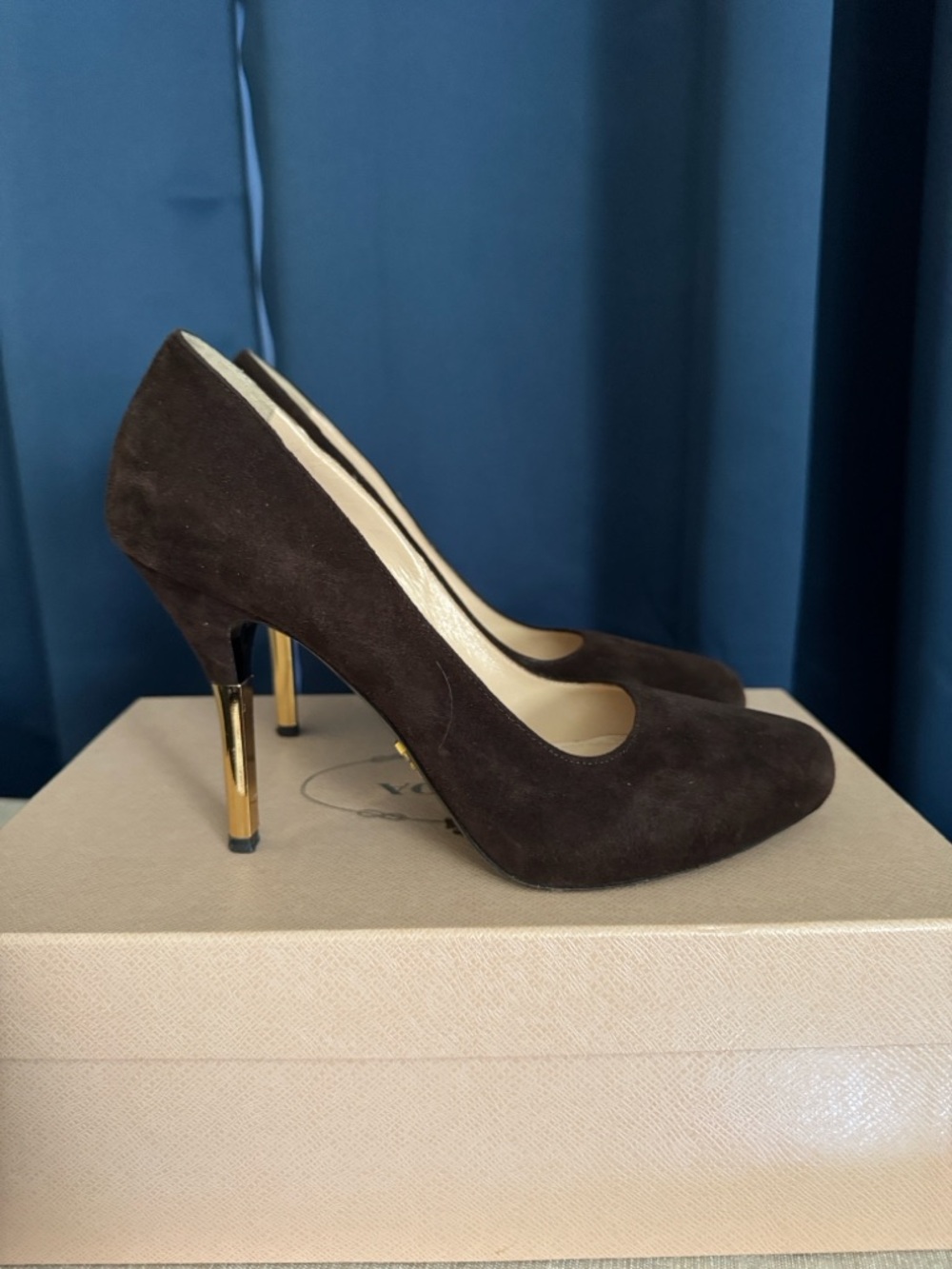 Prada Brown Suede Pumps with Gold Stiletto Heel